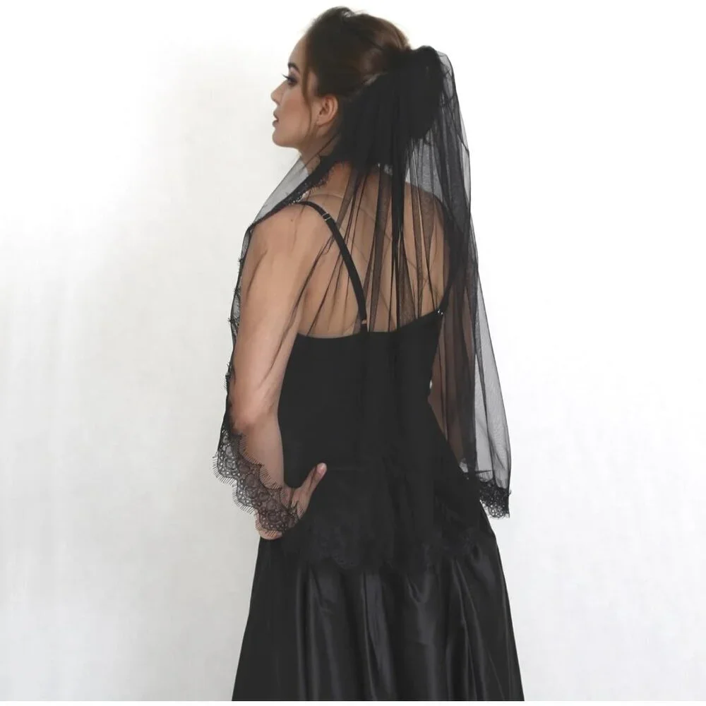 Black Lace Wedding Veil Fingertip Length Tulle Bridal Accessory